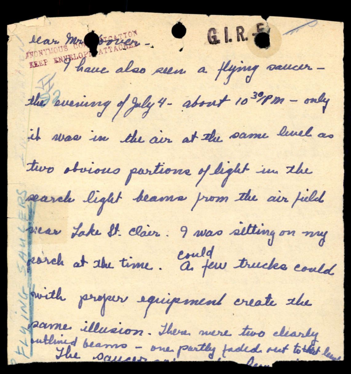 Anonymous handwritten 1947 letter about a flying saucer near Lake St. Clair