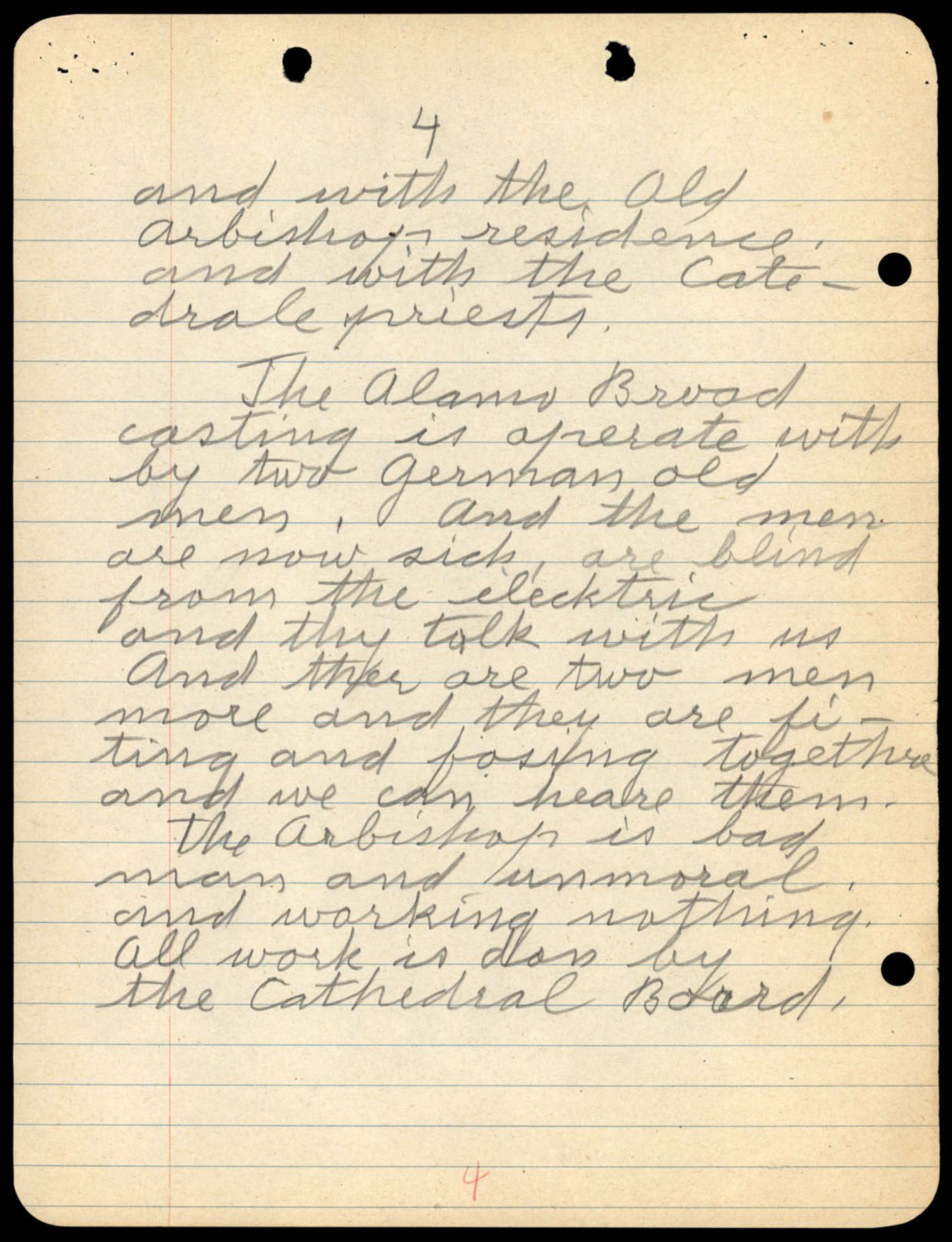 Handwritten 1947 letter making paranoid claims about an archbishop and broadcasting