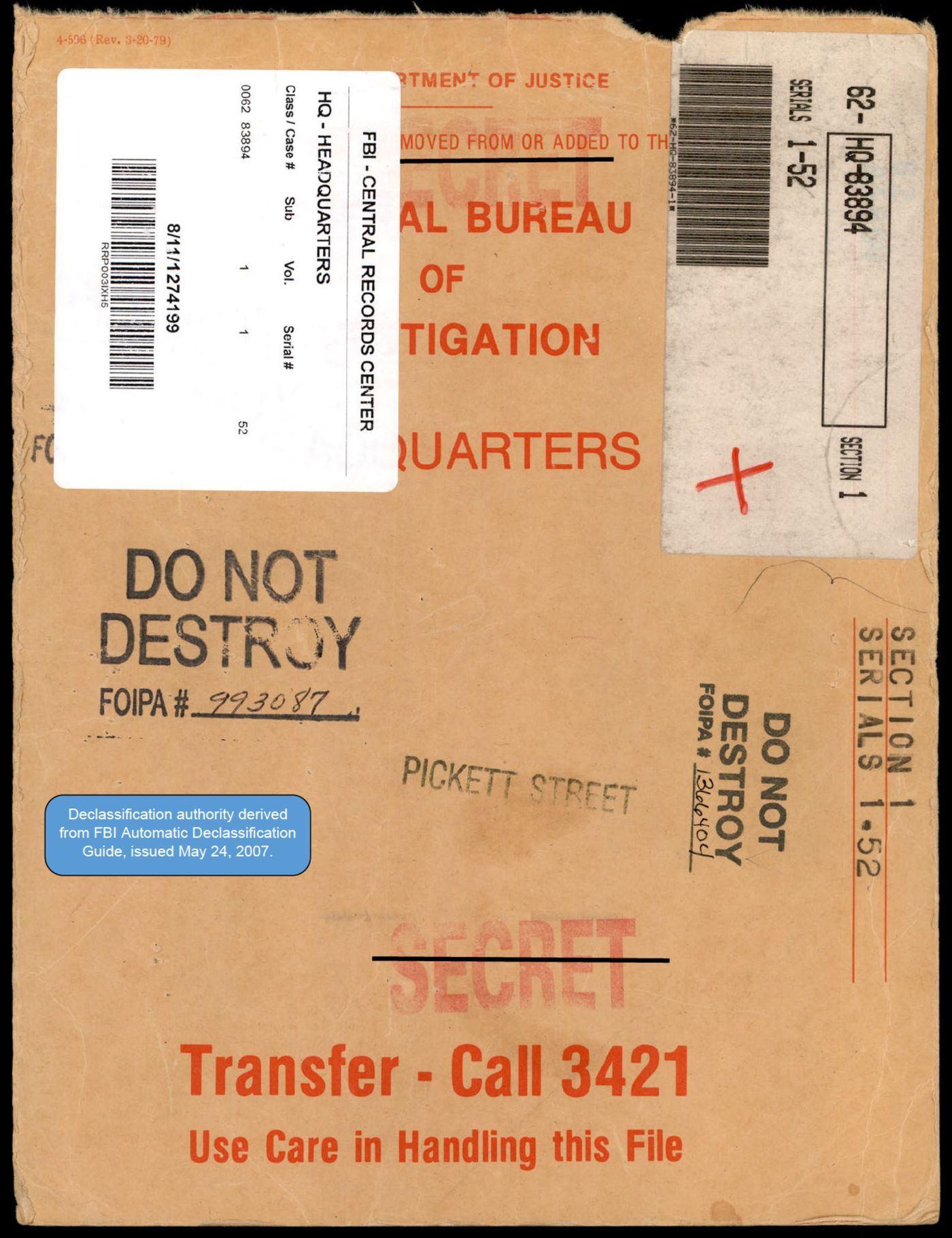 The FBI Central Records Center folder for case 62-HQ-83894, stamped SECRET and DO NOT DESTROY