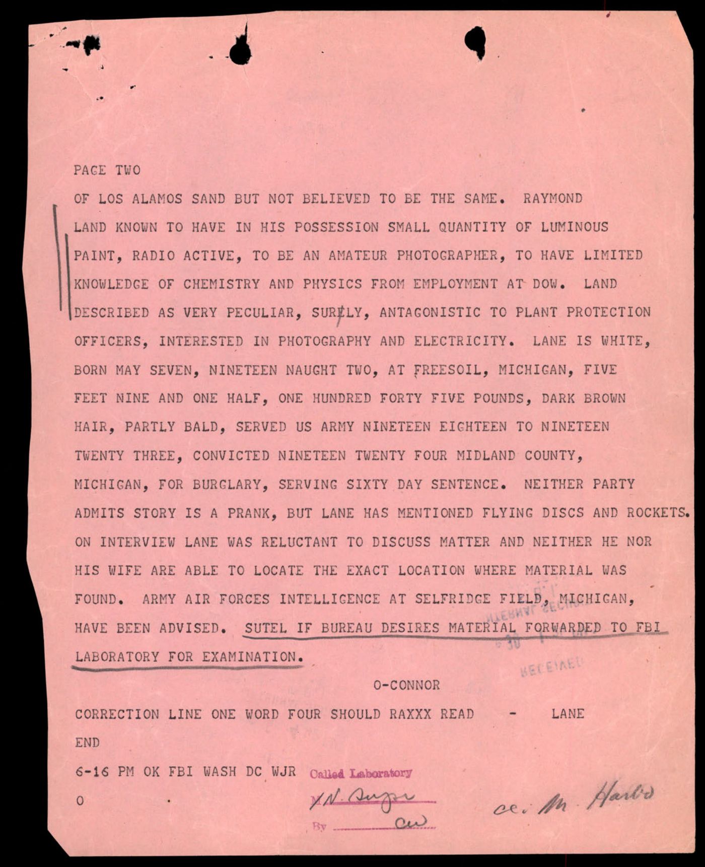 FBI teletype memo on pink paper, 1947, about a Michigan man with luminous radioactive paint