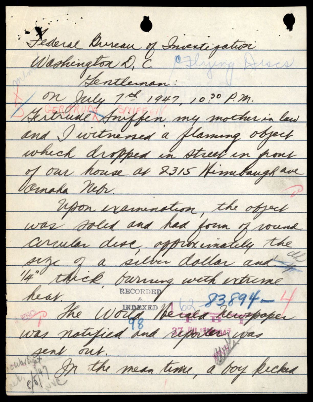 Page 1 of Fred Reibold's handwritten 1947 letter to the FBI