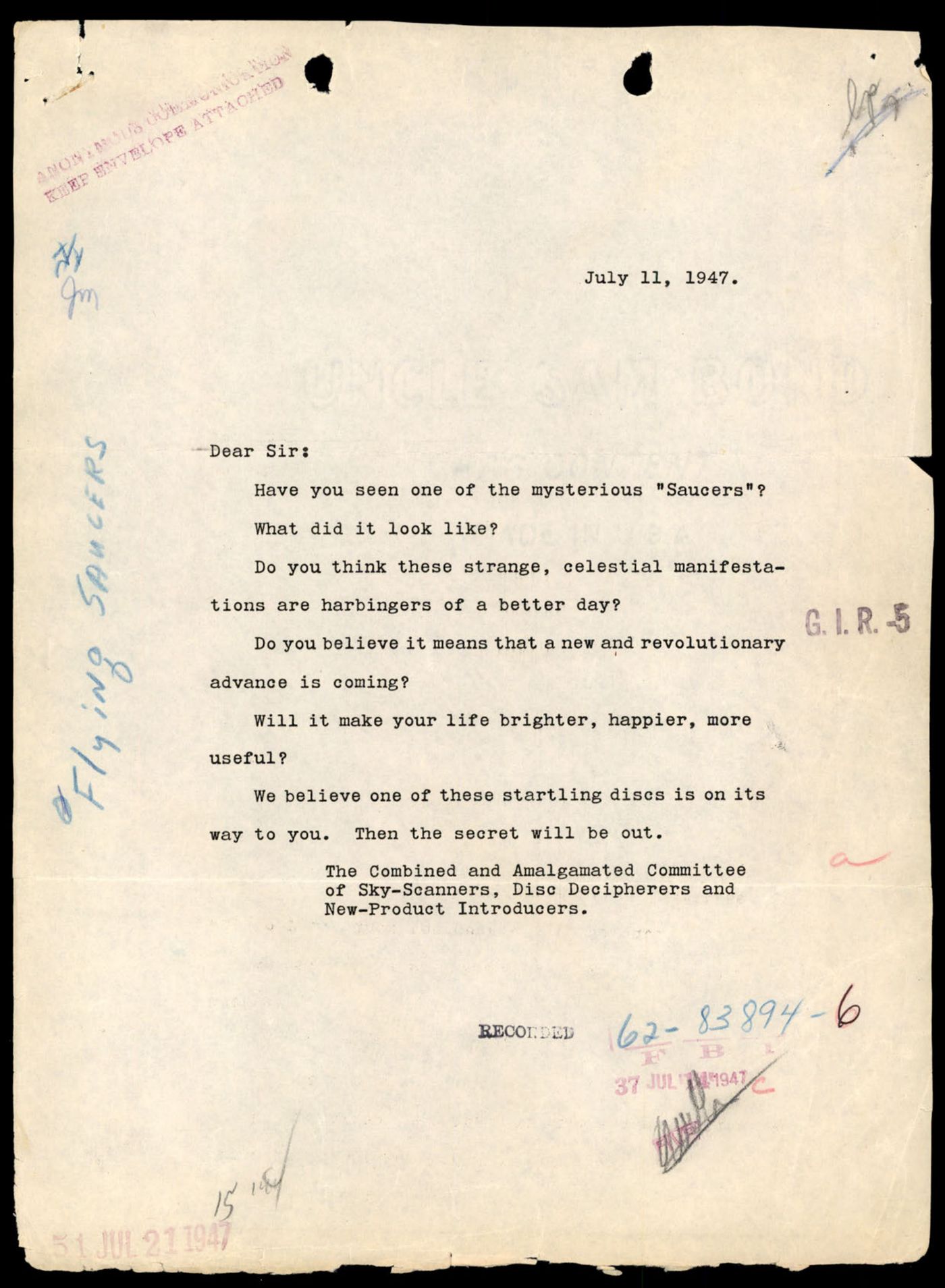 Mock 1947 form letter from 'The Combined and Amalgamated Committee of Sky-Scanners'