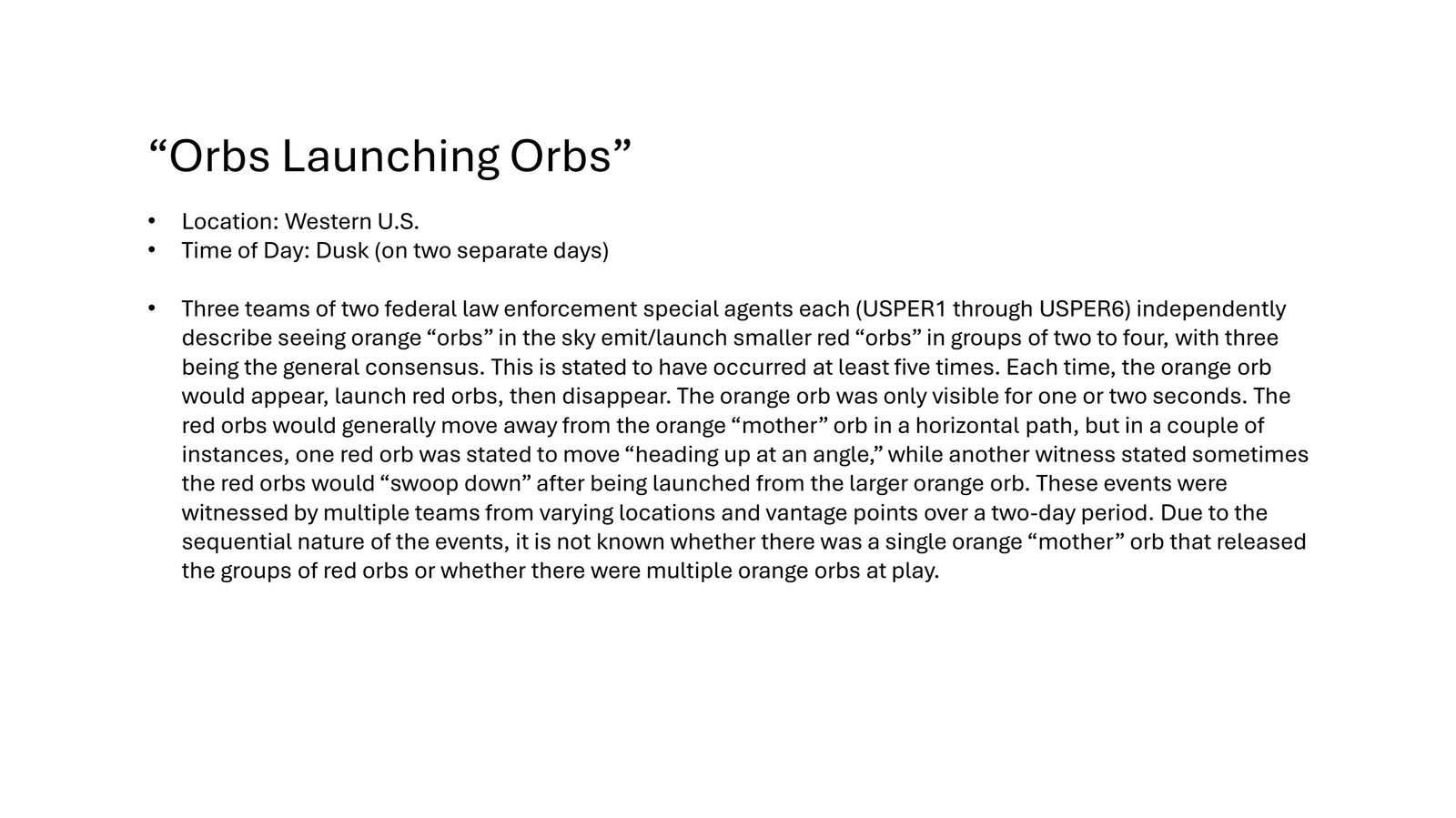 AARO briefing slide describing the Orbs Launching Orbs pattern
