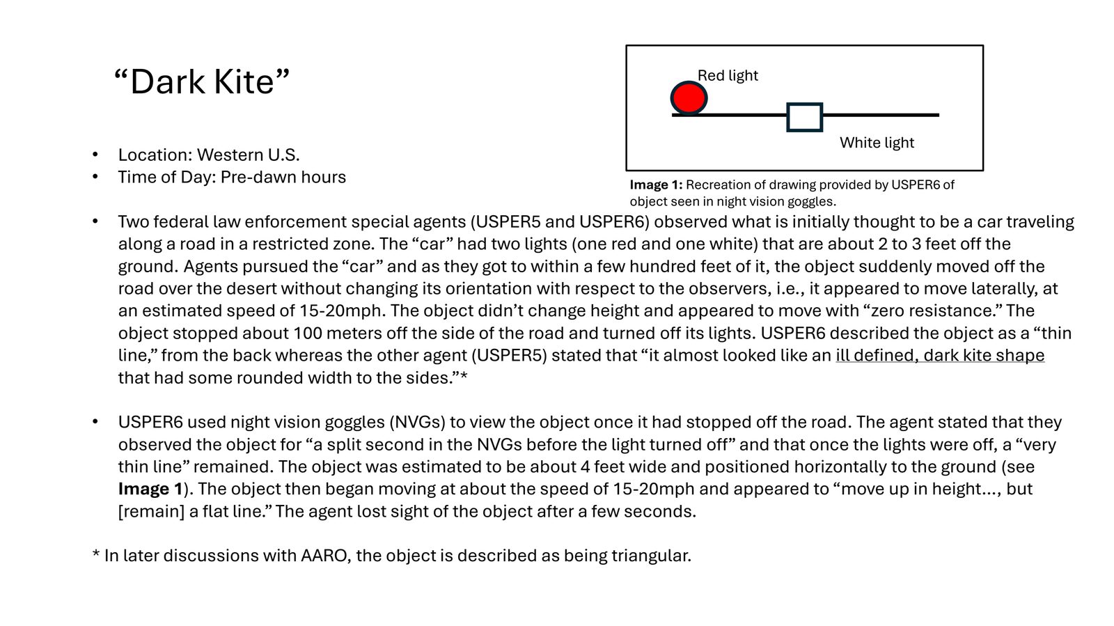 AARO briefing slide for the Dark Kite, drawn by a witness in NVGs